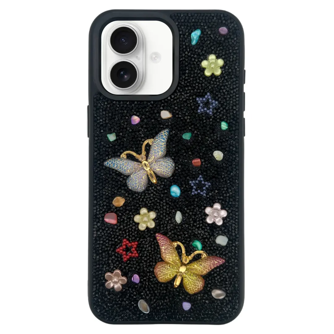 iPhone 16 Plus Butterfly and Diamond Bling Case Black